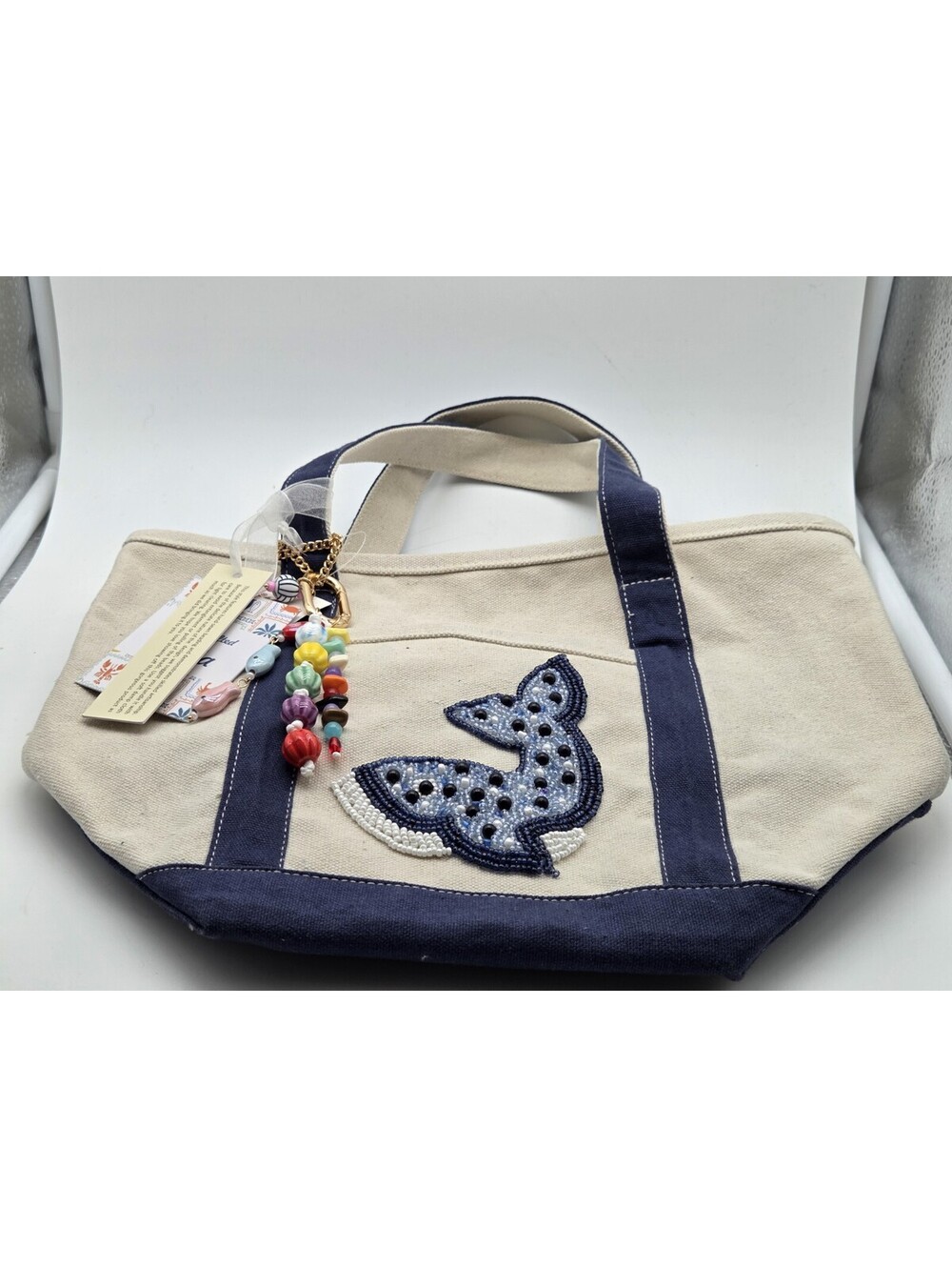 NWT TJ Maxx Canvas Whale Tote Bag Beaded Navy Beach Shopper Purse Zip Pouch - Picture 6 of 7